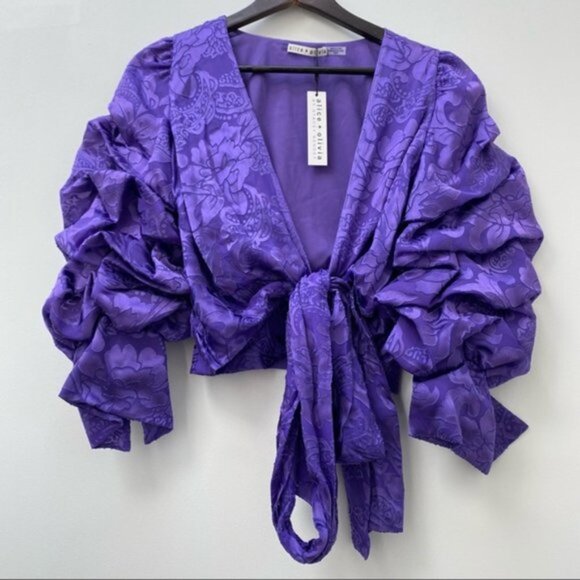 NWT SOS Alice + Olivia Dominica Wrap Top in Baroque Floral Electric Purple  XS - Picture 5 of 9